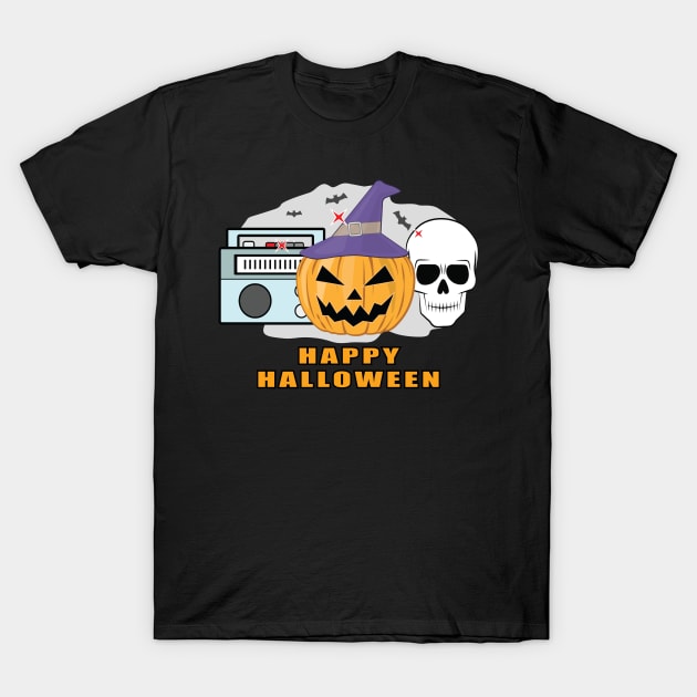 Happy Music Halloween - Spooky Skull, Pumpkin & Radio T-Shirt by DesignWood Atelier